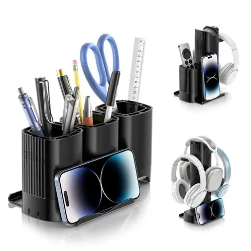 Produktbild: KDD Stiftehalter Schreibtisch mit Kopfhörer Ständer - 2-in-1 Stiftköcher Kopfhörer Halter mit Handy Halter, DIY-Funktion Stifte Organizer Schreibtisch für Schule Büro Organizer Aufbewahrungszubehör