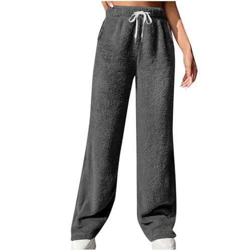 Produktbild: KDEIHT Winter Damen Jogginghose Einfarbig Fleece Freizeithose Bequem Warm Pyjamahose Flauschig Fleecehose mit Taschen und Kordelzug Freizeithose Plüsch Fitnesshose Dick Kuschelig Thermohose