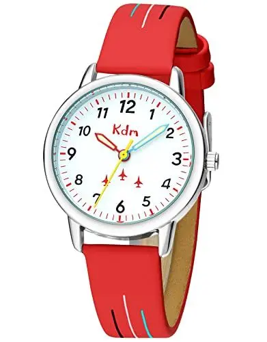 Produktbild: KDM Kinderuhr Jungen Mädchen Lernuhr Kinder Armbanduhr Analog Quarz Leder Leuchtend Wasserdicht Uhr Zeit Lehrer, Geschenke für Kinder 3-12 Jahre, Rot