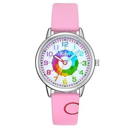 Produktbild: KDM Kinderuhr Mädchen Jungen Rosa Armbanduhr für Kinder, 30M wasserdichte Analog Quarzuhr, Teaching Handgelenk Uhren mit Leder Armband