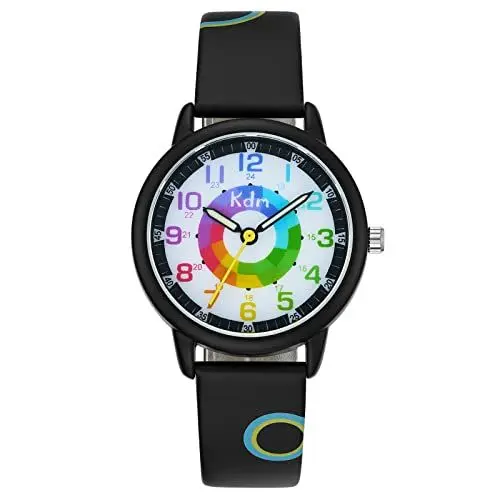 Produktbild: KDM Kinderuhr Mädchen Schwarz Jungen Armbanduhr für Kinder, 30M wasserdichte Analog Quarzuhr, Teaching Handgelenk Uhren mit Leder Armband