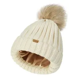 Produktbild: KDWAVE Damen Mütze Winter Strickmütze Grobstrick Warme Beanie mit Innenfutter Grobstrick Wintermützen Klassische Weiche Kunstfell Bommelmütze