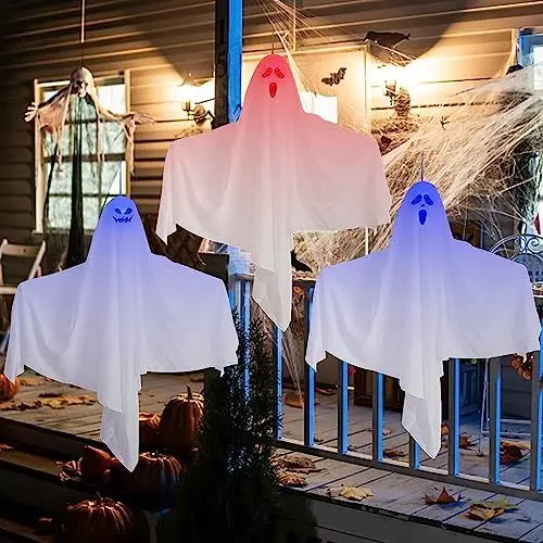 Produktbild: KEAGAN 3 Stück Halloween Hängende Geister, Hängender Leuchtende Geist, Lustige LED Fliegende Geister, Halloween Deko Hängend, Halloween Party Dekoration für Innen Außen Bäume Terrasse Garten