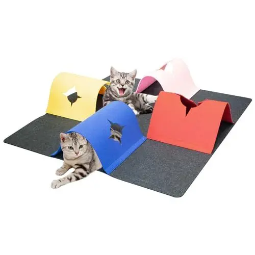 Produktbild: KeaJuidy Filz Katzentunnel für Hauskatzen Katzentunnel mit Plüschball Katzenteppich Interaktives Beschäftigung Spielzeug Versteckspiel Höhle Filzunterlage Faltbar für Wohnungs Katzen 90x90 cm