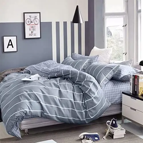 Produktbild: KEAYOO Bettwäsche 155x 220 Grau für Winter bis Sommer Weiß Gestreift 100% Baumwolle mit Reißverschluss 2 teilig