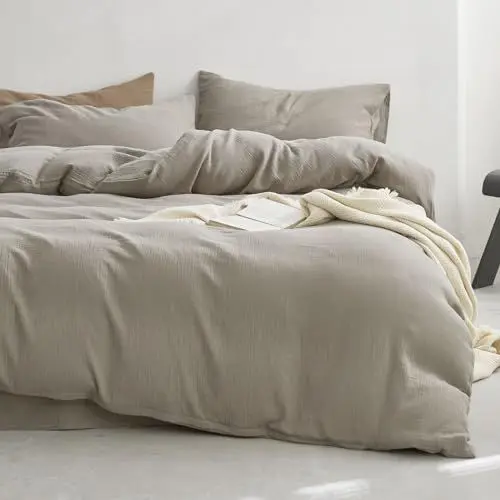 Produktbild: KEAYOO Musselin Bettwäsche 135x200 cm mit einem Kissenbezug 80x80 cm aus 100% Baumwolle - Traumhaft weiche (Taupe, 135x200cm)