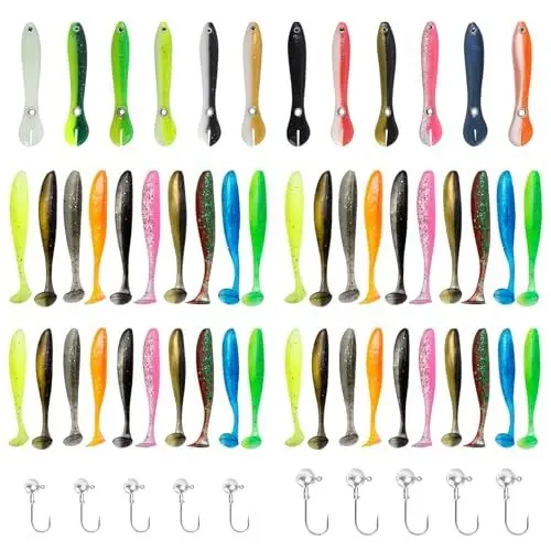 Produktbild: Keboyoe 62 Stück Gummiköder Barsch Set, Gummifisch Barsch Zander 7 cm 5.5cm 6.7cm Gummiköder Zander Set, Barsch Köder Gummifisch mit 10 Jighaken Angelköder Gummifische für Hecht, Zander, Barsch