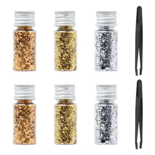 Produktbild: Keboyoe 6 Stück 30ml Blattgold Flocken Mehrzweck-Dekorfolie in Gold Multifunktionale Dekorative Goldfolie,Silber und Roségold Goldfolienpapier Blattgold für Malen Art DIY Kunsthandwerk(Mit 2 Pinzette)