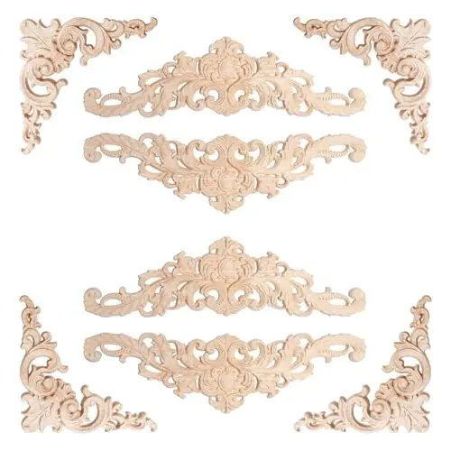 Produktbild: Keboyoe 8 Stücke Holzornamente für Möbel Holz Geschnitzte Applikationen Dekoration Holz Ornamente Lang Holzen Ecke Onlay Applique für Schränke Fenster Schränke Möbel 12 * 12 cm 30 * 8 cm