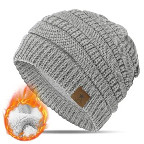 Produktbild: KEECOW Damen Beanie Mütze Warme Wintermütze mit Weichem Innenfutter Gefütterte Strickmütze für Ski Sport Outdoor(Grau)