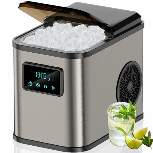 Produktbild: KeeGone Edelstahl Eiswürfelmaschine mit LED-Display Eismaschine Eiswürfelbereiter und Reinigungsfunktion 2L Wassertank inklusive Eisschaufel und Korb 2 Eiswürfel Größen für Küche Büro Bar und Party