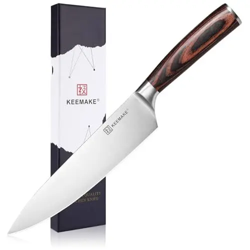 Produktbild: KEEMAKE Kochmesser 20cm Scharfe Küchenmesser, Profi Messer aus hochwertigem Carbon Edelstahl, Fleischmesser mit ergonomischem Griff, Perfekte Vatertagsgeschenk