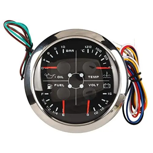 Produktbild: Keenso Kraftstoffstandsanzeige, 4in1 85 Mm Anzeige Multifunktions-Kraftstoffstand Öldruck Wassertemperatur Voltmeter DC 9 Bis 32 V für Auto Wohnmobil Boot Motorrad (Schwarz °C/BAR)