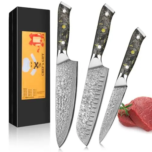 Produktbild: KEENZO 3er Damastmesser Set Küchenmesser Damaststahl 3-Teilig Chefmesser Set mit Chefmesser, Santokumesser, Obstmesser, Kochmesser Set Profi Scharfe mit Schwarz Kunstharz Handgriff,Geschenkbox