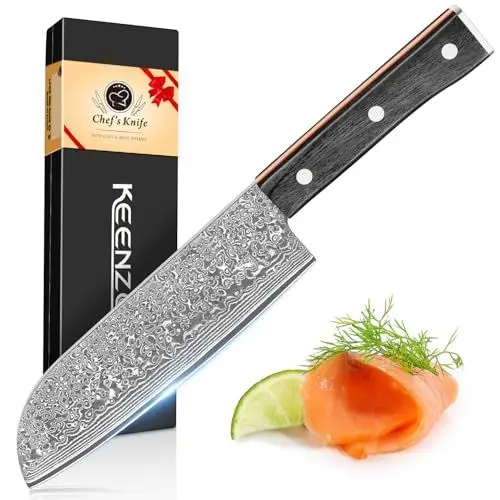Produktbild: KEENZO Damast Santokumesser Kochmesser, Chefmesser aus 67 Lagen Damaststahl Scharfe Messerklinge 18cm Klingen, Pro Küchenmesser mit Ergonomischer Griff für Haus und Küche, Geschenkbox