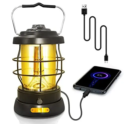 Produktbild: KEENZO LED Campinglampe, USB Aufladbar Camping Licht, Camping Laternen Helligkeiten Dimmbar, Tragbar Retro Zeltlampe,Wasserdichte Campingleuchte f.Draußen Garten Balkon,Wandern, Notfall (Schwarz)
