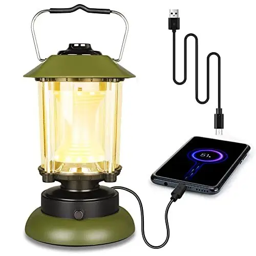 Produktbild: KEENZO LED Campinglampe, USB Aufladbar Camping Licht, Camping Laternen Helligkeiten Dimmbar, Tragbar Retro Zeltlampe,Wasserdichte LED Campingleuchte für Draußen Garten Balkon,Wandern, Notfall (Grün-L)