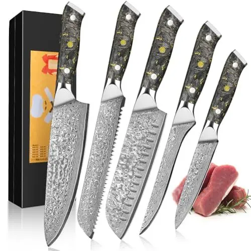 Produktbild: KEENZO Messerset 5-teilig, Küchenmesserset aus 67 Schichten Damaststahl, Profi Kochmesser mit scharfer Klinge, Chefmesserset mit Schwarz Kunstharz Handgriff, Profi Messer Set, Geschenkbox