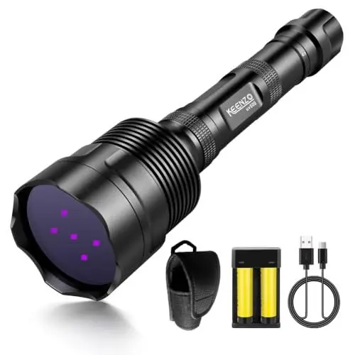 Produktbild: KEENZO UV500 leistungsstarke UV-Taschenlampe, 365 nm, ultraviolett, 5 LEDs, leistungsstarke Schwarzlicht-Taschenlampe für Haustierurinsuche und Mineralien, Antik-Erkennung, Skorpionsuche usw