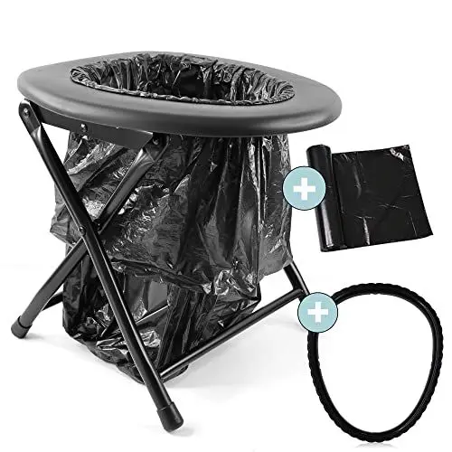 Produktbild: Keepa Outdoor Faltbare schwarze Campingtoilette inkl. 15 Beutel und Befestigungsring, belastbar bis 120 kg, ideal als mobile Notfall Toilette unterwegs beim Camping als Reisetoilette