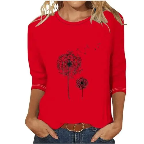 Produktbild: Keepink Tops für Damen, Sommer, leger, elegant, 3/4-Ärmel, modisch, Blumendruck, Rundhalsausschnitt, Bluse, Damen, Frühling, leicht, bequem, Tunika, Tops, 068 Rot, Small