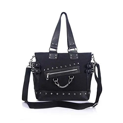 Produktbild: KEEPOP Damenmode Niet Handtasche Geldbörse Leinwand Punk Tote mit Schultergurt Umhängetasche Große Kapazität Schwarz