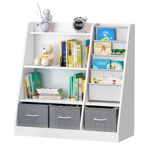 Produktbild: KEEPREAPER Bücherregal Kinder mit 3 Aufbewahrungsboxen aus Vliesstoff, Kinderregal Montessori mit 4 Ablage und 2 offnen Fächern, Kinderzimmer Regal für Spielzeug Organizer,91x38x92cm (Weiß-A)