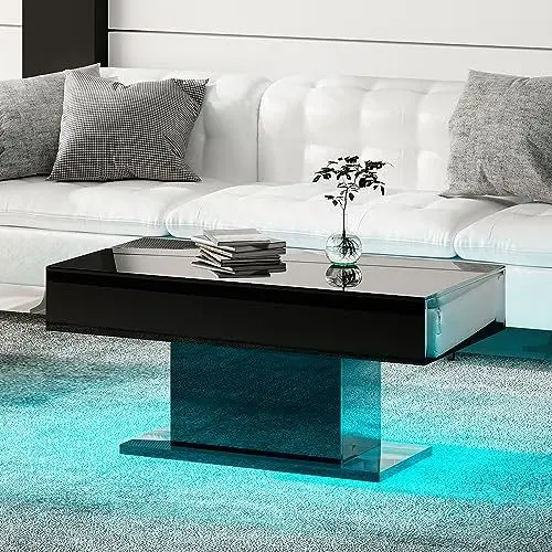 Produktbild: KEEPREAPER Couchtisch Wohnzimmertisch Hochglanz, Sofatisch mit LED Beleuchtung modern für Wohnzimmer, 110 x 55 x 50 cm (Schwarz)