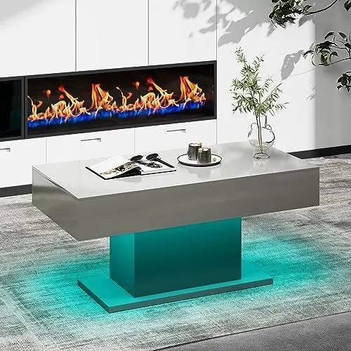 Produktbild: KEEPREAPER Couchtisch Wohnzimmertisch Hochglanz, Sofatisch mit LED Beleuchtung modern für Wohnzimmer, 110 x 55 x 50 cm (Grau)