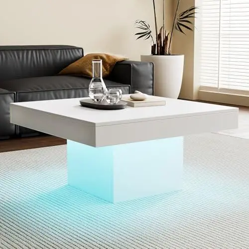 Produktbild: KEEPREAPER Couchtisch Wohnzimmertisch mit led Beleuchtung modern, Tisch Wohnzimmer klein mit Fernbedienung sofatisch hautänhliche textur, 78x78x40cm (Weiß)