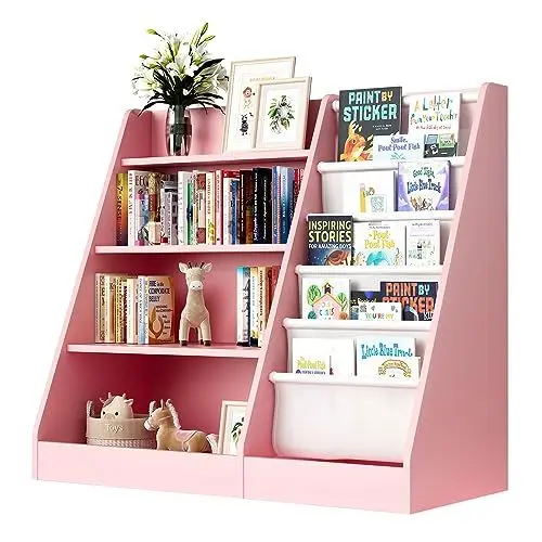 Produktbild: KEEPREAPER Kinderregal Montessori mit 5 Ablage und 4 offenen Fächern, Bücherregal für Kinder, Spielzeug-Organizer, 90x40x80cm (Rosa)