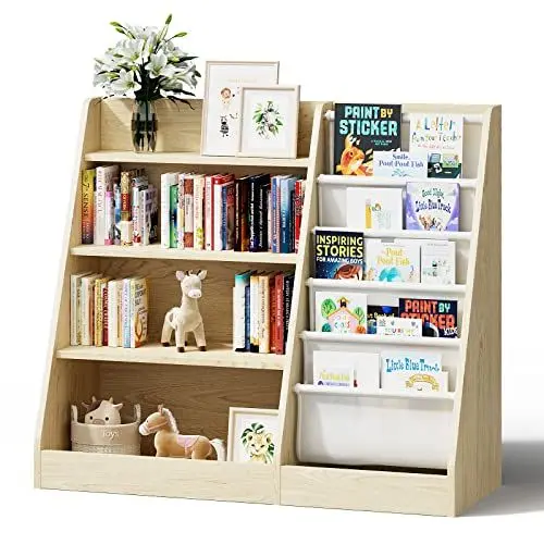 Produktbild: KEEPREAPER Kinderregal mit 5 Ablage und 4 offenen Fächern, Bücherregal für Kinder, Spielzeug-Organizer, 90x40x80cm (Natur)
