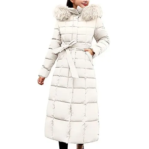 Produktbild: KEERADS Damen Jacke Winter Einfarbiger, langer, mit Kapuze geschnürter Wollkragen-Baumwolljacken-Taschen-Langarmmantel für Damen 2024 Damen Wintermantel (White, XL)