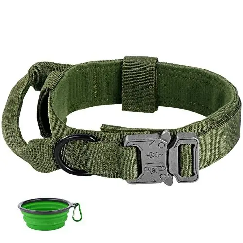 Produktbild: KEESIN Hundehalsband,Nylon Hundehalsband Taktisches Hundehalsband mit Kontrollgriff robuste Metallschnalle Gurt mit faltbarem Hundenapf für mittelgroße und große Training Outdoor(XL, grün)