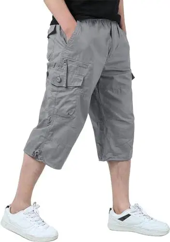 Produktbild: KEFITEVD Cargo Hose Herren 3/4 Shorts Bermuda Freizeithose mit Reißverschluss Caprihose Wandern Angeln Baumwollhose Hellgrau 32