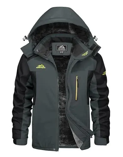 Produktbild: KEFITEVD Übergangsjacke Herren Warm Winter Herrenjacke mit Kapuze Fleecejacke Wasserabweisend Winterparka Männer Angelbekleidung Grau-Schwarz XL