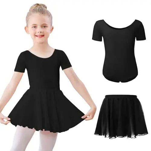 Produktbild: Kefiyis Ballettkleidung Mädchen Kurzarm Ballettkleid Baumwolle Balletttrikot Kinder Ballettanzug Ballettbody mit Chiffon Rock Tütü 3-11Jahre Schwarz 140