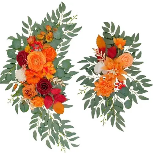 Produktbild: KEFSR 2-teiliges Eck-Blumenarrangement-Requisiten mit Rosen, Pfingstrosen, Eukalyptus-Set, Hochzeitsbogen-Swag-Blumen, für Willkommensschild, Brautparty, Heimdekoration, Veranstaltungspläne(Orange)