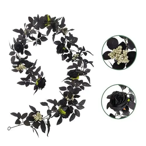 Produktbild: KEFSR Halloween-Rosengirlanden mit Schwarzen Blättern und Weißen Beeren, 70,9 Zoll Große Schwarz-rote Blumenranken, Einzigartige Wanddekoration, für (1 Pcs Black Flower)