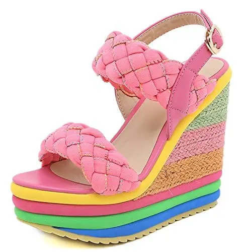 Produktbild: Keil-Espadrilles-Plateau-Sandalen für Damen, bunte High Heel Open Toe Slingback-Sommerschuhe Rosa 42 EU