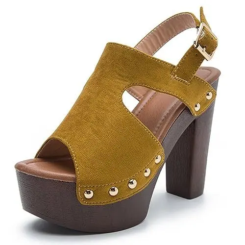 Produktbild: Keilsandalen für Frauen Schnalle Knöchelriemen Wildleder Peep Toe Blockabsatz Riemchen-Absätze Sexy Retro Bequeme Schuhe Gelb 37 EU