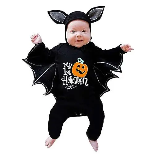 Produktbild: KEIZHUONIQIU Neugeborene Mädchen Halloween Brief Drucke Strampler Säuglingskostüm Overalls Hut Outfits Baby Strampler Neutral (A, 6-12 Months)