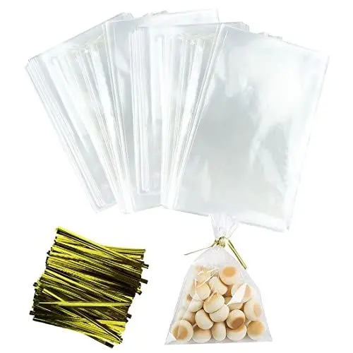 Produktbild: Kekstüten, 200pcs Tüten für Kekse, 15x20cm Cellophantüten mit 200 pcs Goldenen Kabelbindern, Plätzchen Tüten, OPP Transparente Geschenktüte Zellophantüten Plätzchentüten Kekstüten Tüten