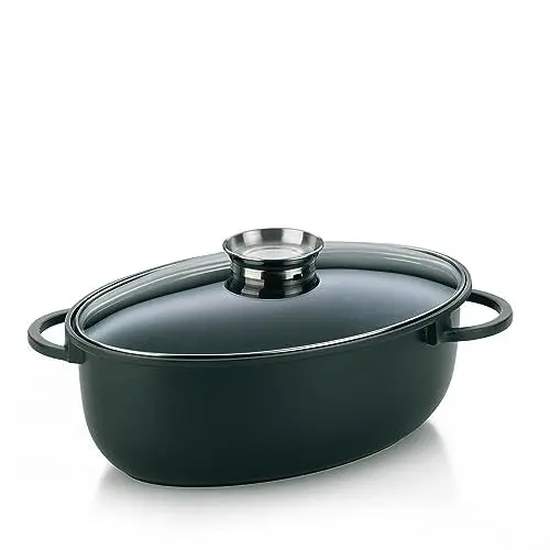 Produktbild: Kela 8 Liter, Induktion Bräter oval KERROS, Deckel mit Aromaknopf, Aluguss beschichtet, Schmortopf backofengeeignet, Schwarz, 28 cm