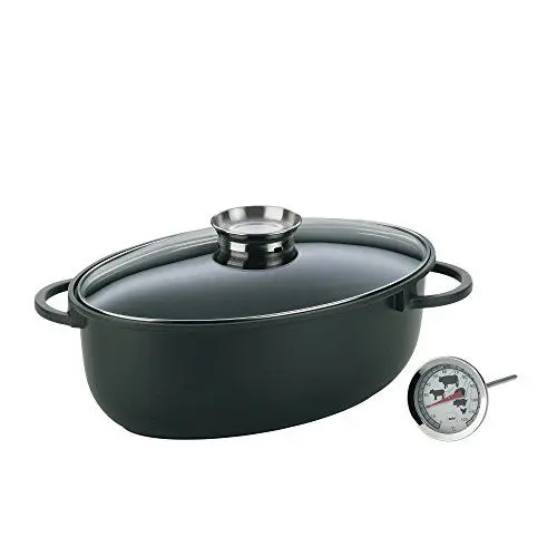 Produktbild: kela Bräter mit Deckel mit Aromaknopf 8 Liter KERROS mit Bratenthermometer, Induktion Bräter oval, Aluguss beschichtet, Schmortopf backofengeeignet