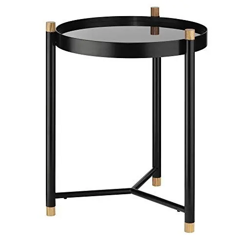 Produktbild: Kela Beistelltisch, Oak, Pulverbeschichtetes Metall mit Eichenholz und Glas, Ø 40 cm, 24266, Schwarz matt
