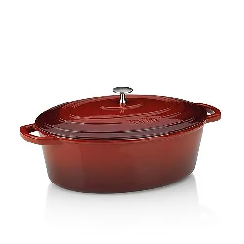 Produktbild: kela Bräter Gusseisen oval 6 Liter, Induktion Gussbräter mit Deckel backofengeeignet CALIDO, Gusseisen Topf emailliert, Rot