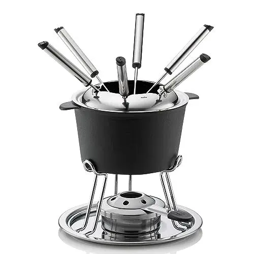 Produktbild: Kela Fleischfondue Set 11tlg, Gusseisen Fondue für 6 Personen COMORE, Fondueset mit Brennpastenhalter, Gabeln, Gabelhalter, Schwarz, 11 teilig