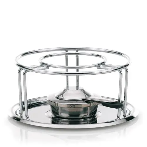 Produktbild: Kela Käsefondue Rechaud mit Pastenbrenner Maxi, Metall Stövchen für Fondue verchromt, Brennpastenbehälter, Speisenwärmer, Untersetzer aus Edelstahl, silber glänzend, Ø 23,5 x H 10,5 cm