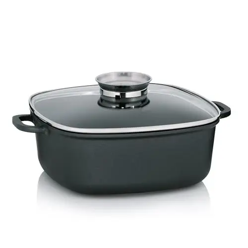 Produktbild: Kela Schmorpfanne 28 x 28 cm, Deckel mit Aromaknopf, Induktion Servierpfanne KERROS, Aluguss beschichtet, Paella Pfanne hoher Rand, schwarz, 28 cm